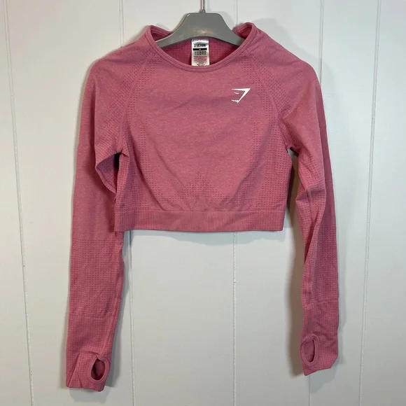 Gymshark sz M Soft Pink Long Sleeve Crop Top Athletic Workout Gym EUC - Picture 2 of 13